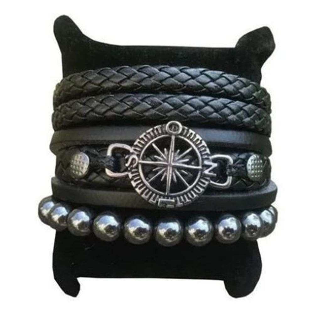 Pulseira Masculina Feminina Couro Pedra Bússola Kit 3 Peças