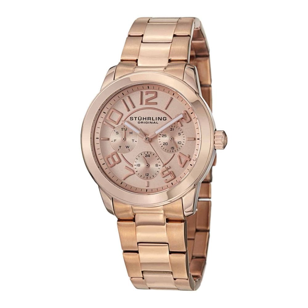 Relógio de pulso feminino Regal MF 807 com cronógrafo e mostrador rosa de 38 mm, pulseira de aço inoxidável e fivela de implantação.