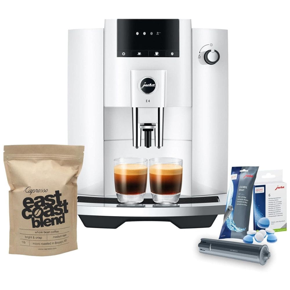 Máquina de Café Expresso com Visor em LED e Filtragem de Água CLEARYL Smart+, Inclui 6 Pastilhas de Limpeza , 110V, Jura E4, Branca
