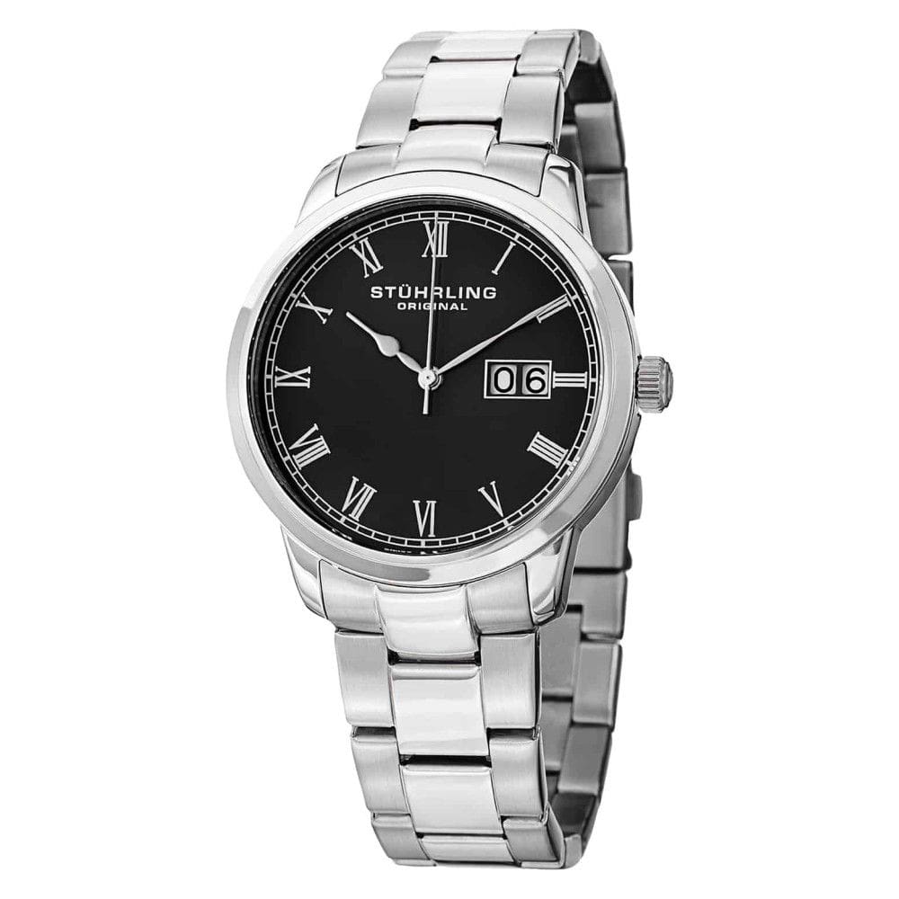Relógio de pulso Cuvete Panache Elite 831B 40mm com mostrador preto e pulseira de aço inoxidável. Elegância clássica em prata.