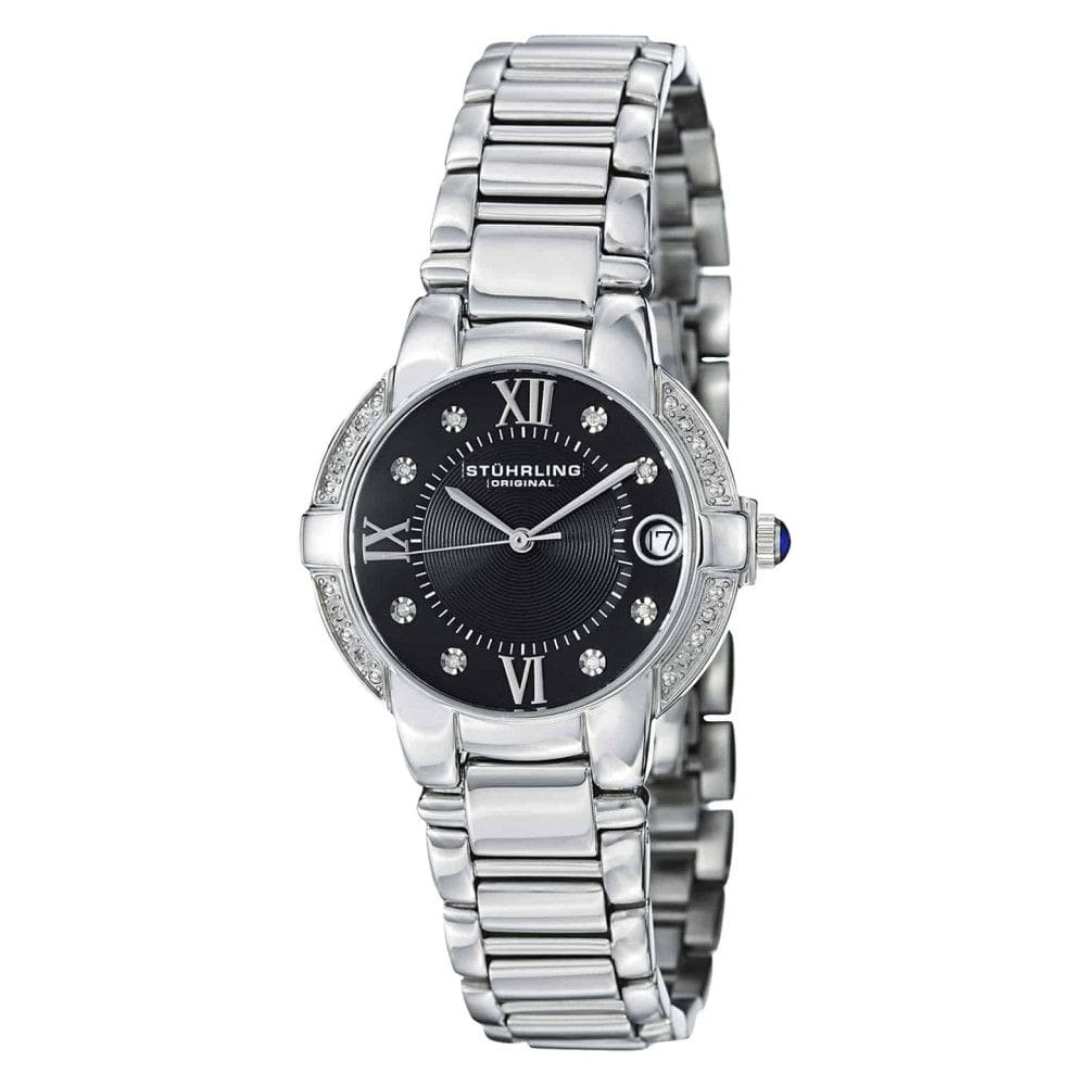 Relógio Condessa Elite 338L 33mm com mostrador preto e pulseira de aço inox prateado, da marca Stuhrling.