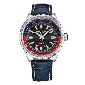 Relógio Global Voyager 1014 GMT 42 mm com cronômetro mundial e mostrador azul, da Stuhrling.