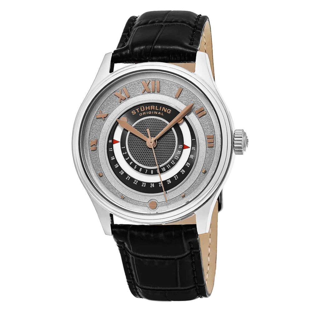 Relgio de Pulso Masculino Sinfonia 444 42mm - Mostrador Prateado em Prata com Pulseira de Couro Preto e Fivela Tang da Stuhrling.