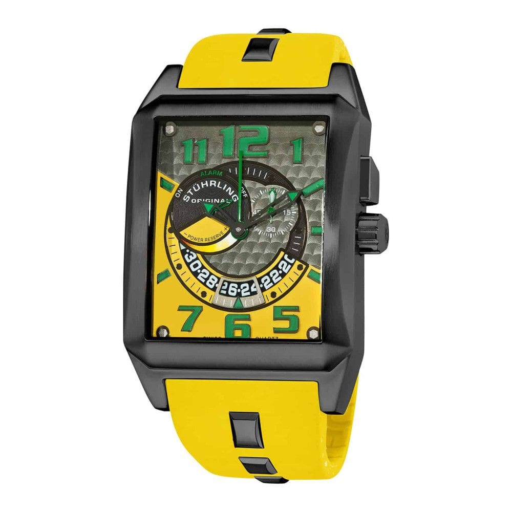 Relógio Madman 255D 42mm: Mostrador amarelo, PVD preto e pulseira de silicone amarela com fivela preta.