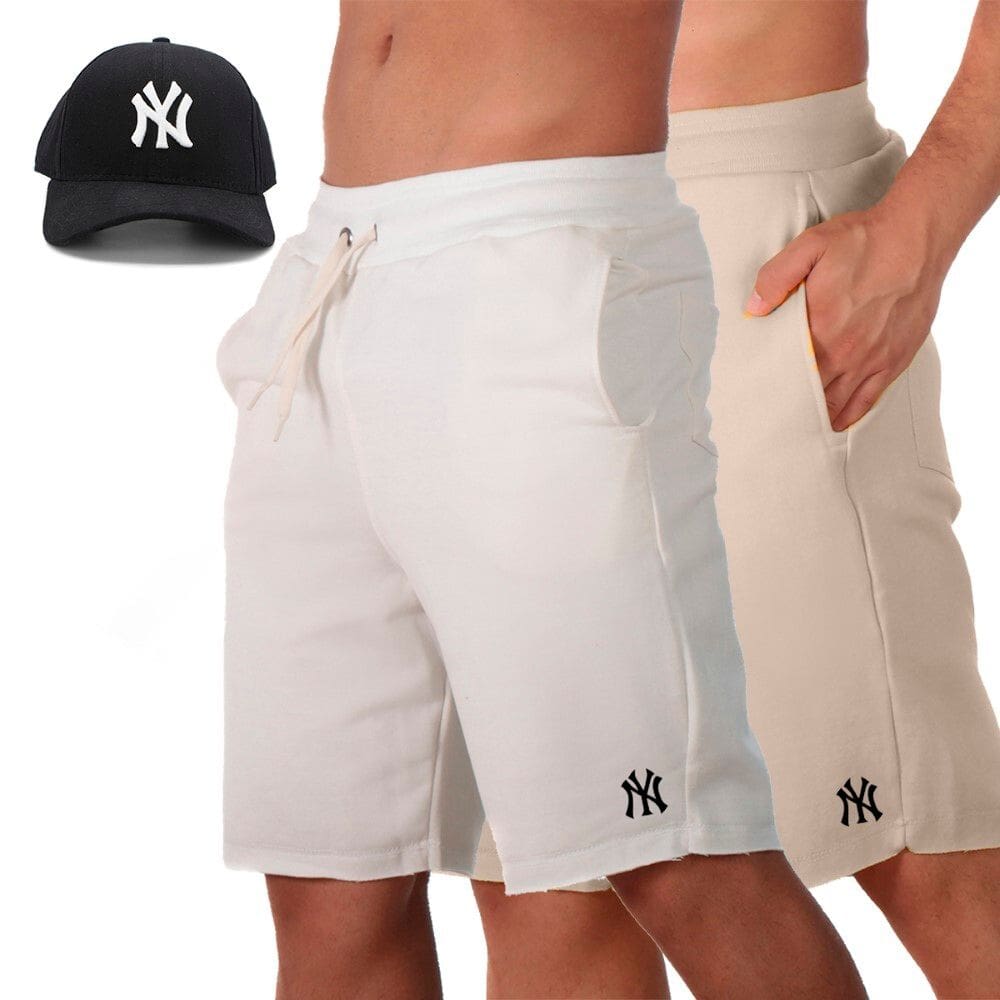 Kit 2 Short Praia Bermuda Masculina Moletom Treino Cordao Ajustavel Bolsos Com Bone Aba Pre Curvada