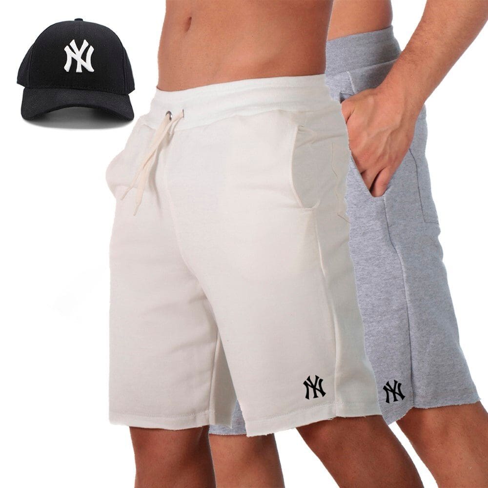 Kit 2 Bermuda Plus Size Masculina Moletom Cintura Elastico Cordao Ajustavel e Bone Aba Pre Curvada