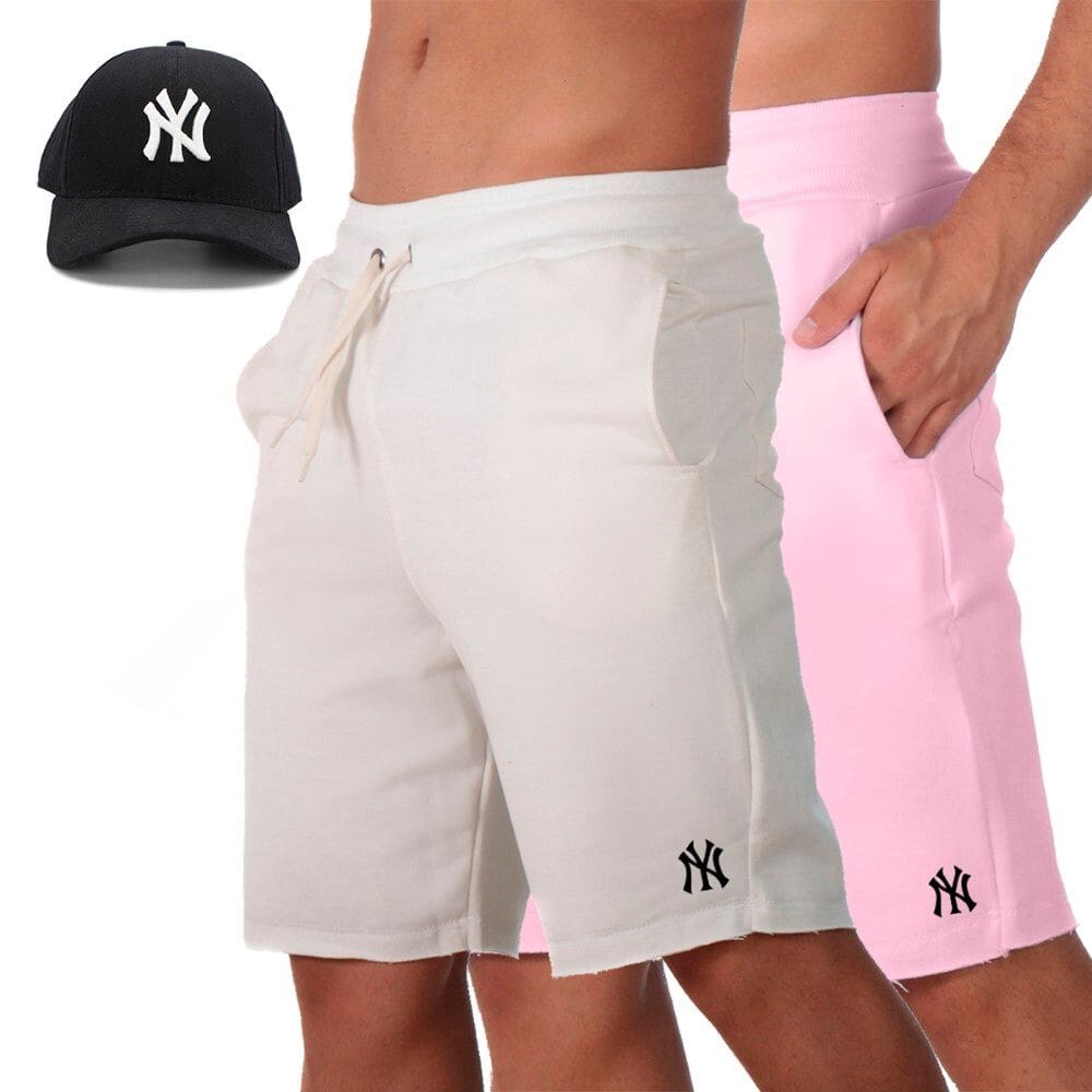 Kit 2 Bermuda Plus Size Masculina Moletom Cintura Elastico Cordao Ajustavel e Bone Aba Pre Curvada