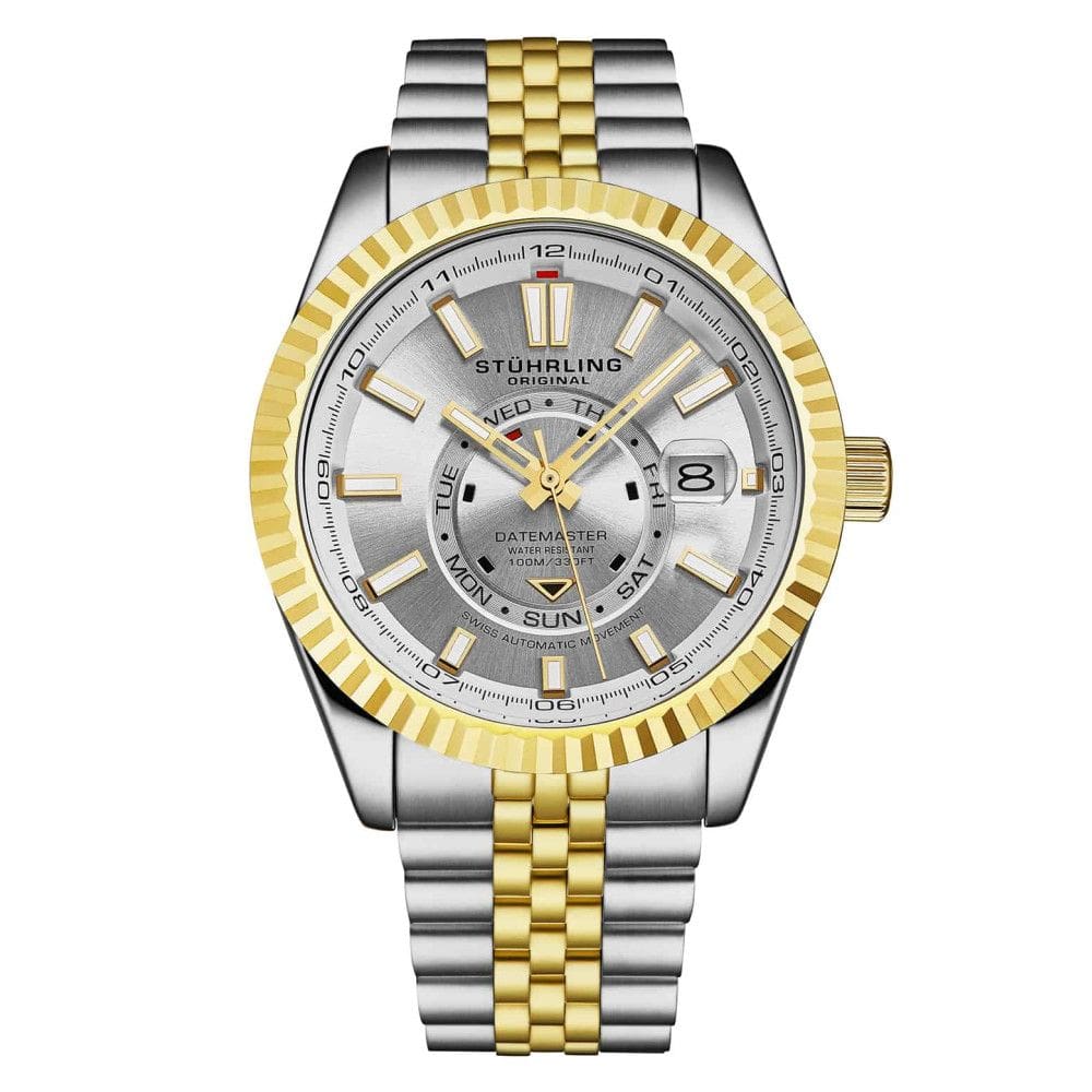 Relógio automático Datemaster Swiss 1020 com 42mm, design clássico, mostrador prateado, pulseira prateada e dourada, e moldura dourada.