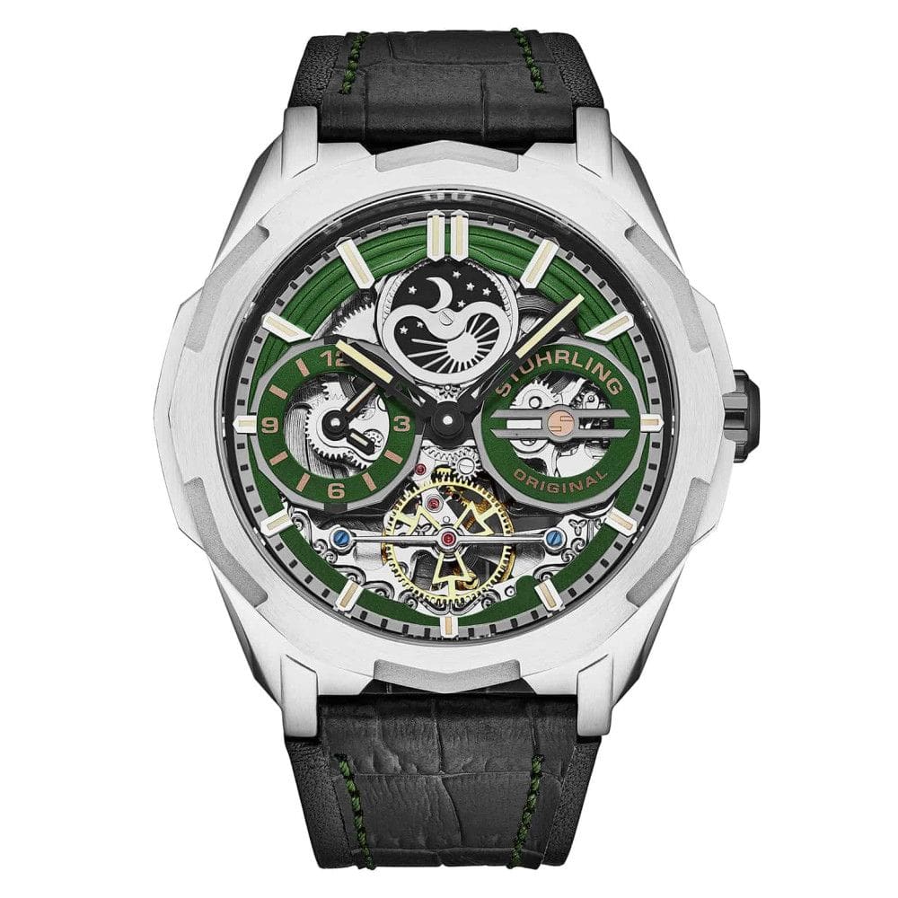 Navegador Automático Dual Time 46mm, Mostrador Verde, Pulseira Preta e Moldura Prateada - Stuhrling.