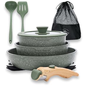 Jogo de Panelas e Frigideiras Antiaderentes, Material em Granito com 10 Peças, Cabo Removível e Utensílios de Cozinha, DishDelight, Verde