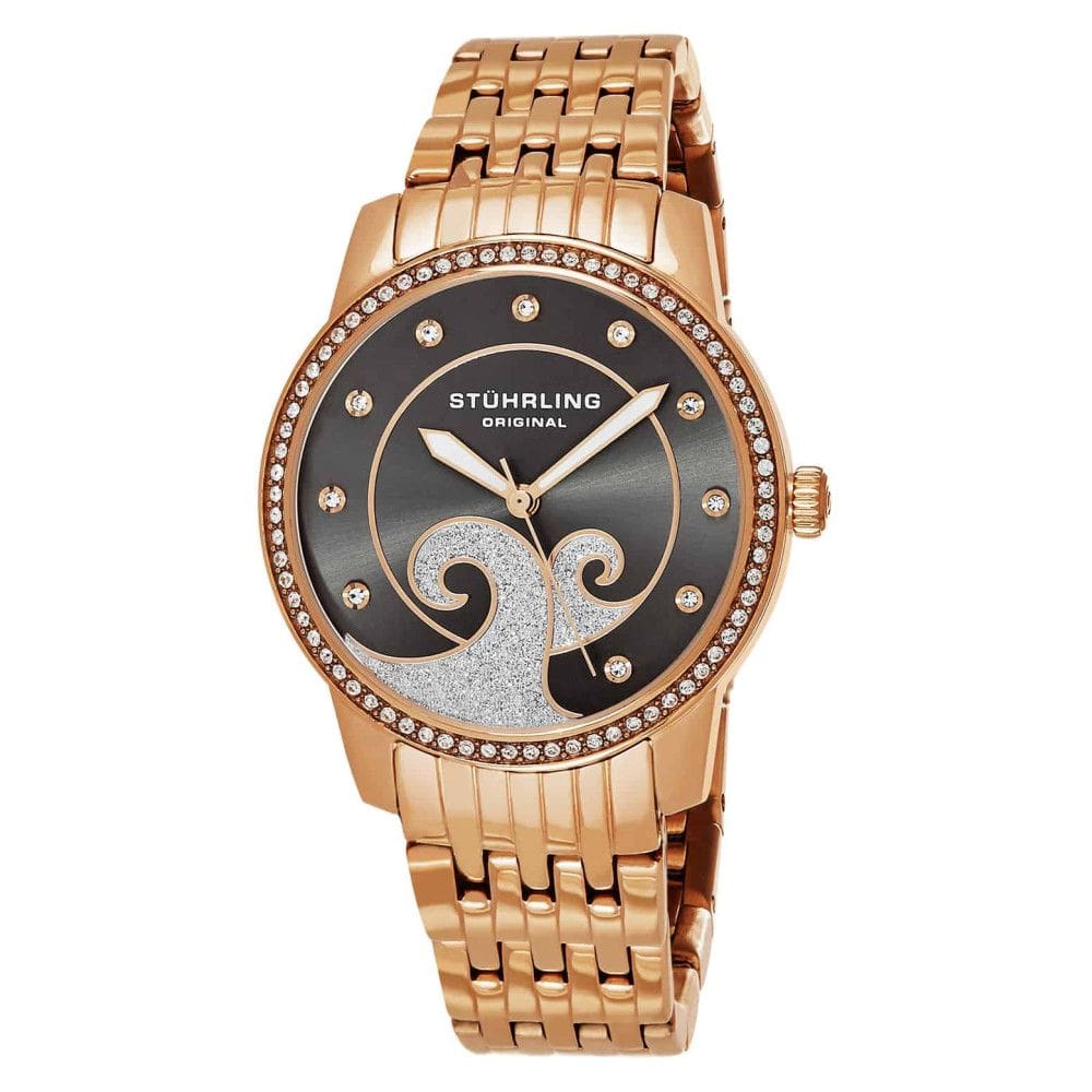 Relógio feminino Stuhrling Coroa 569, 37mm, mostrador cinza e detalhes rosa, pulseira em aço inox com fivela de implantação.