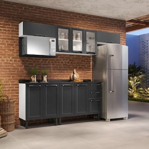 Cozinha Compacta em Aço 6 Peças 10 Portas Sendo 3 com Vidro 2 Gavetas Nicho Forno Branco/Grafite