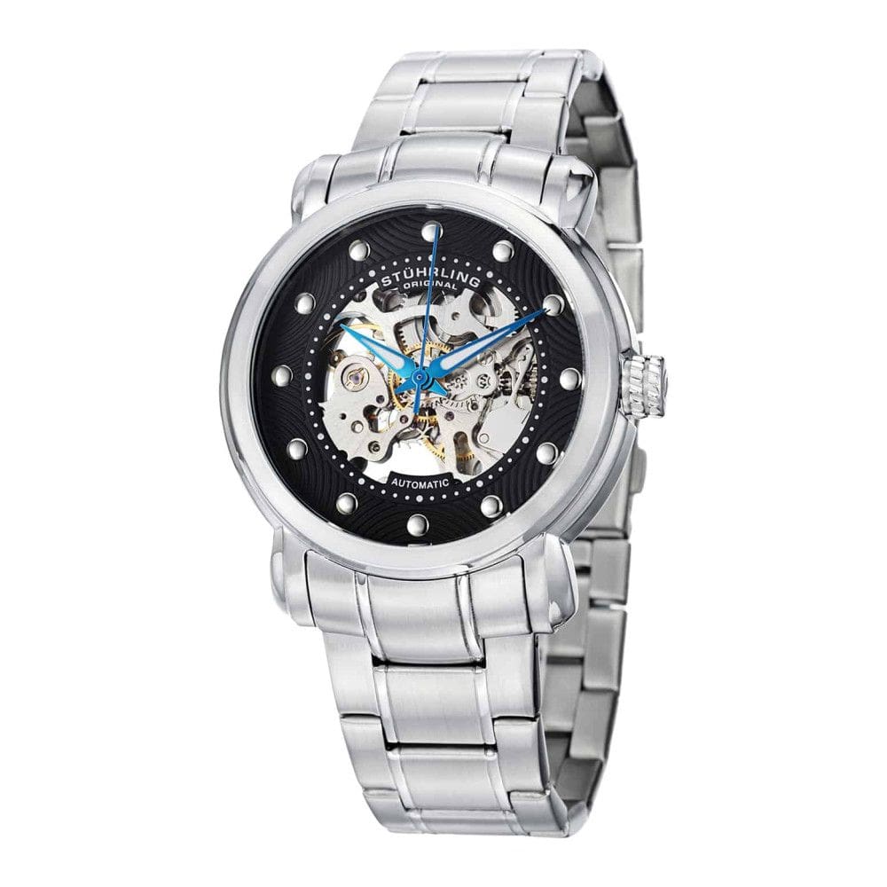 Relógio Automático Stuhrling 644 de 42mm com Mostrador Preto e Pulseira de Aço Inoxidável Prateado