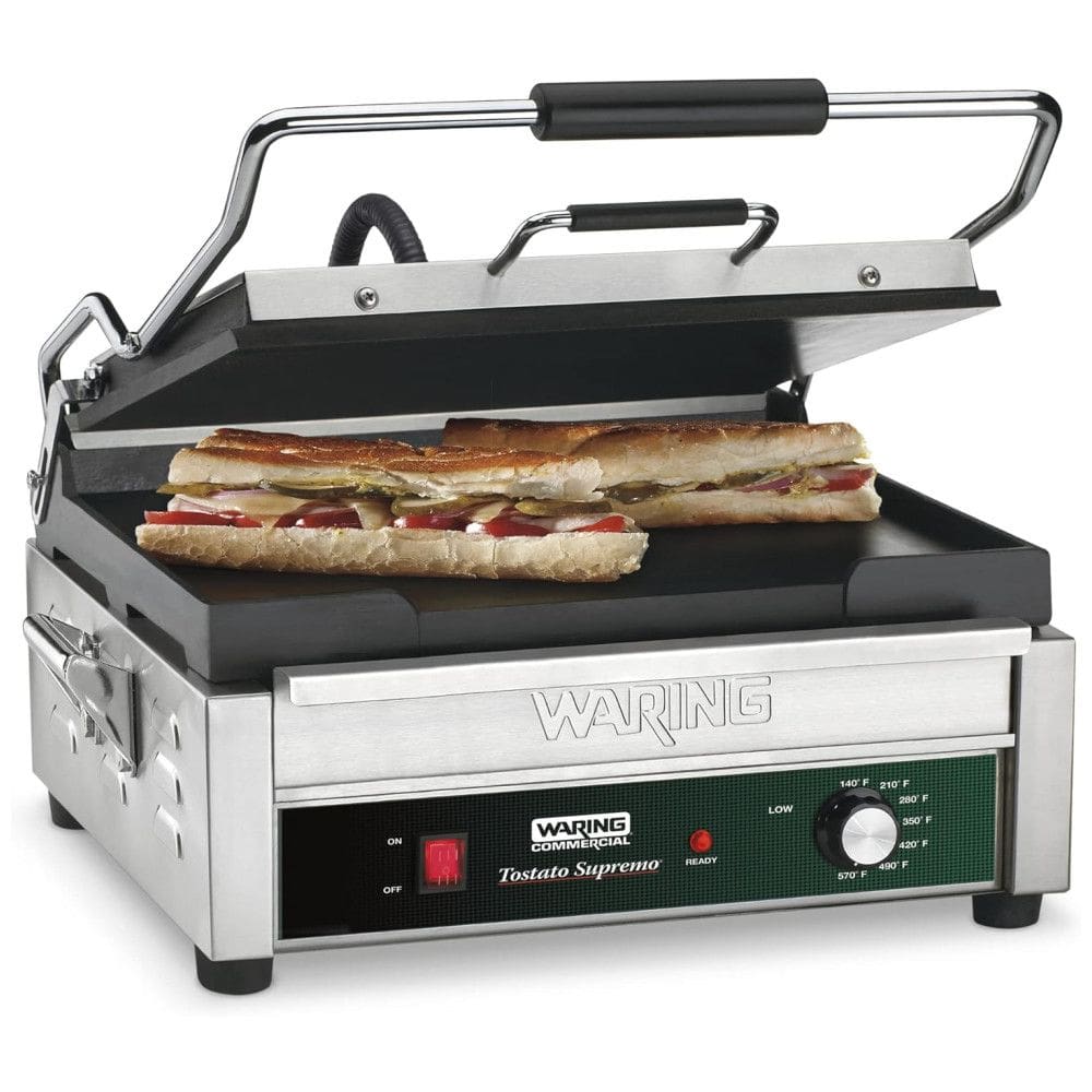 Grill Elétrico com Bandeja Coletora Removível, Temporizador e Plugue de 5 a 15 Fases, 110V 1800W, Waring WFG275T, Prata