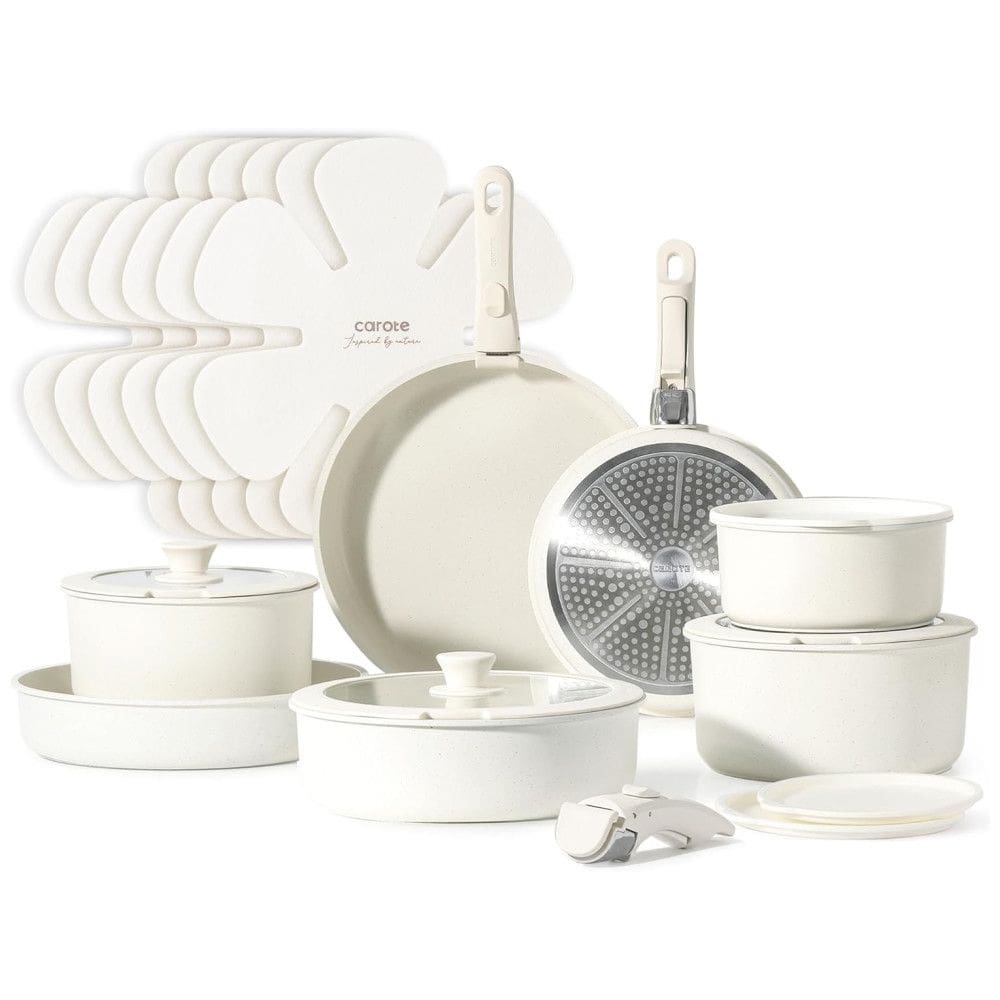 Jogo de Panelas e Frigideiras Antiaderentes, Material em Granito com 21 Peças, Utensílios de Cozinha e Cabo Removível, CAROTE A07994, Branco Creme