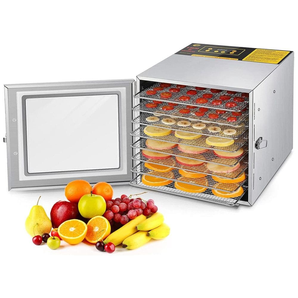 Desidratador de Alimentos FAHKNS, 8 Bandejas de Aço Inoxidável, Controle de Temperatura 90°C, Temporizador 24H, 700W