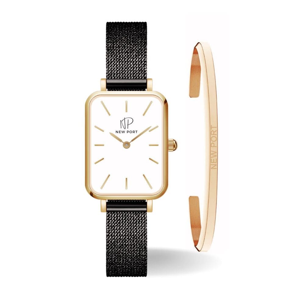 Relógio Feminino Quadrado Dourado + Bracelete Ajustável