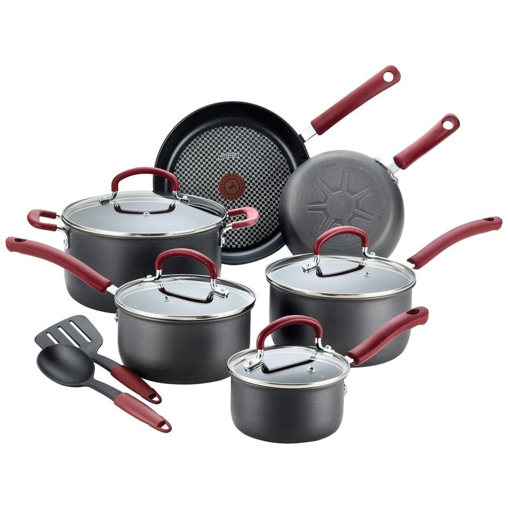 Conjunto de Panelas e Frigideiras Antiaderentes, 12 Peças, T FAL B004SC63, Vermelho