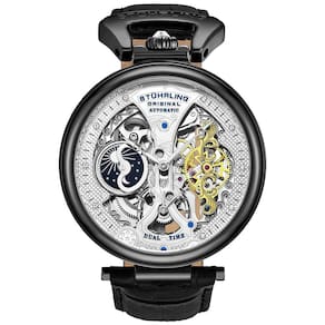 Relogio Homem, Masc.Automático Couro Dual Time AM, PM Sol, Lua 50M Mergulho, STUHRLING 3920.4, Preto
