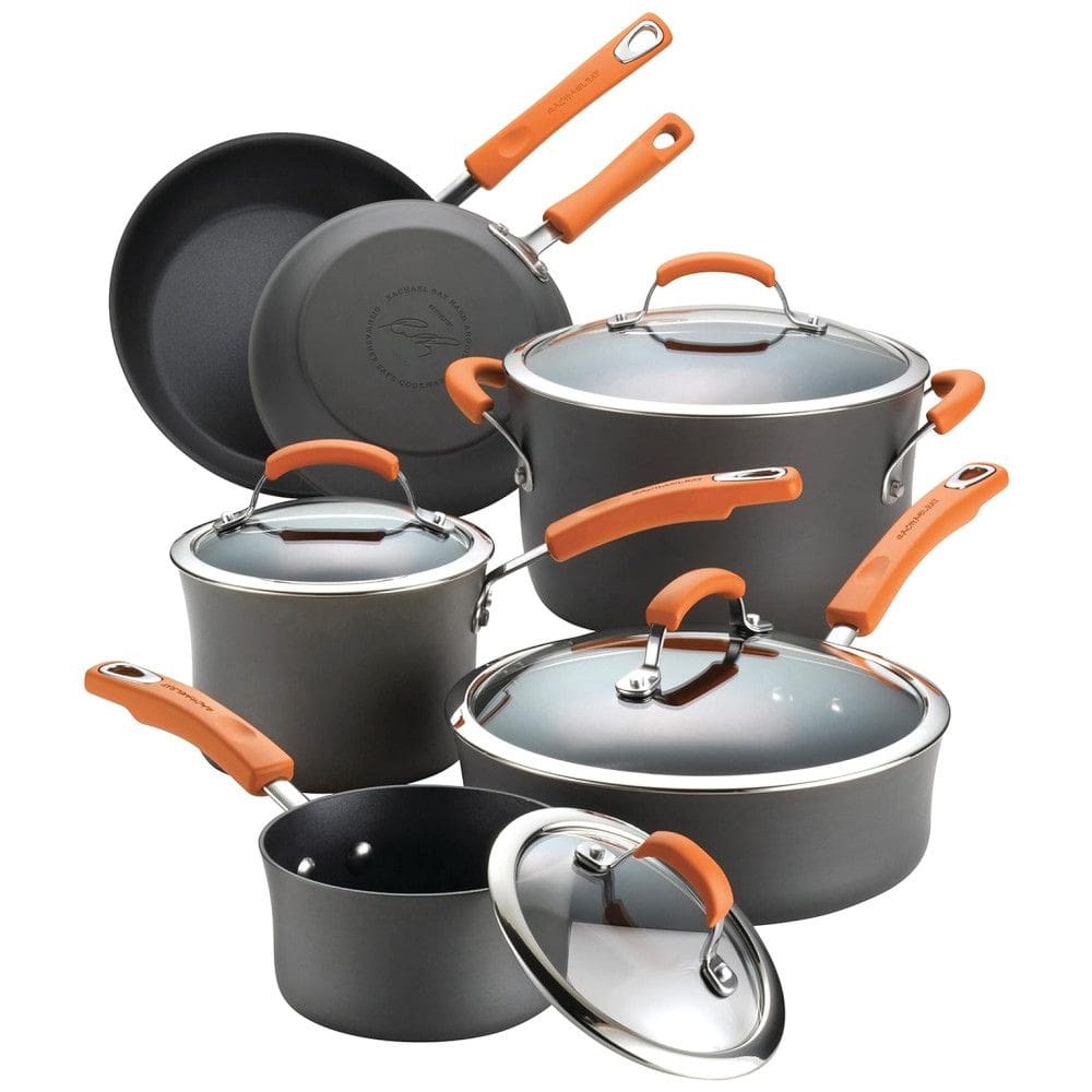 Conjunto de Panelas e Frigideiras Antiaderentes com Tampas de Vidro, 10 Peças, RACHAEL RAY 87375, Preto