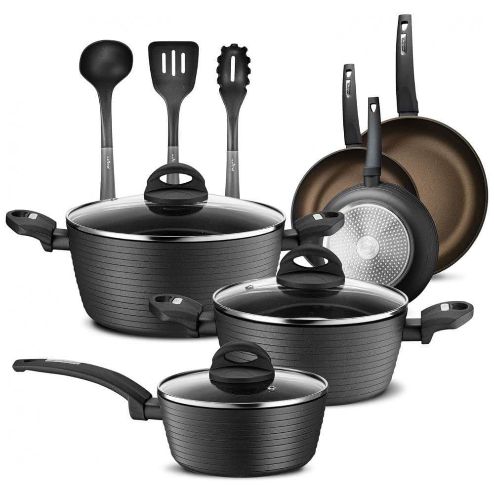 Conjunto de Panelas Antiaderentes e Utensílios, 12 Peças, NUTRICHEF NCCW12S.5, Preto