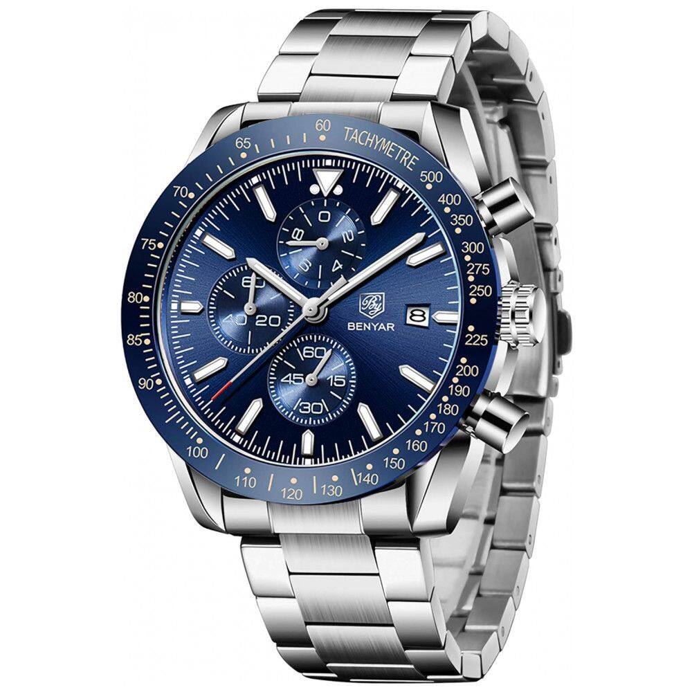 BENYAR BY 5140S Silver Blue Relógio Masculino Analógico Quartzo, Prata