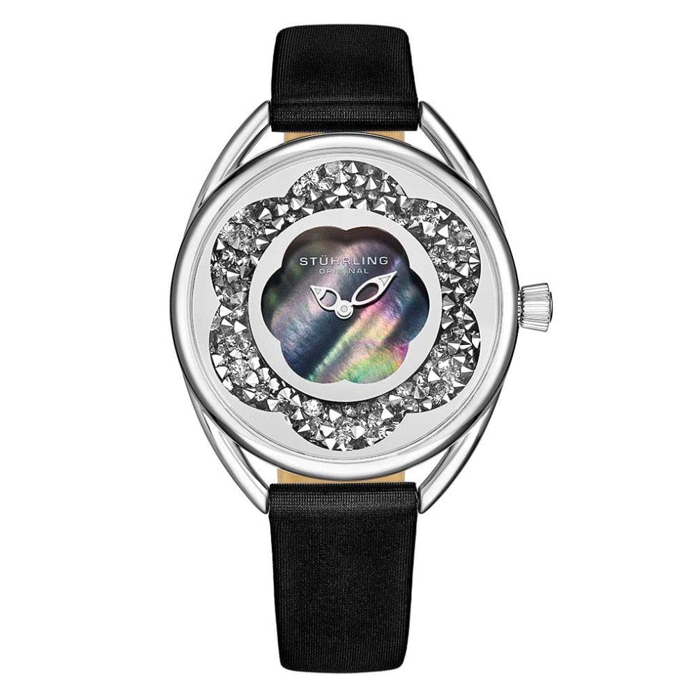 Relgio Stuhrling Lily 995, 38mm, mostrador azul, pulseira de couro preto com fivela prateada.