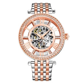 Relgio Delphi 3944 Automtico 38mm - Mostrador Rosa e Prata - Pulseira de Ao Inoxidvel Prateado com Fivela Implantvel Rosa - Stuhrling