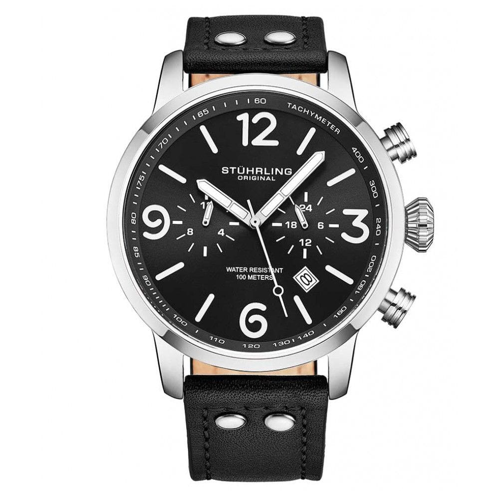 Relgio masculino Stuhrling 3956 com caixa de 45mm, mostrador preto e pulseira de couro preto.