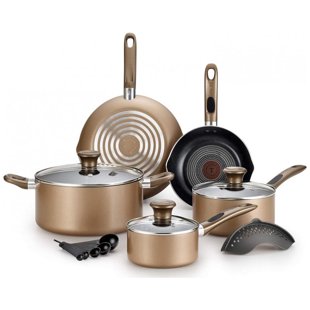 B036SE Conjunto de Panelas Antiaderentes e Utensílios, 14 Peças, T FAL B036SE64, Marrom