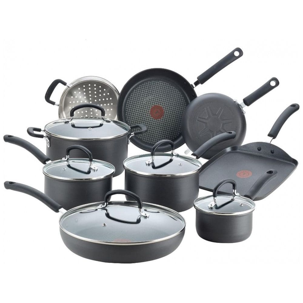 Conjunto de Panelas e Frigideiras Antiaderentes Anodizadas, 14 Peças, T FAL E765SEFA, Preto