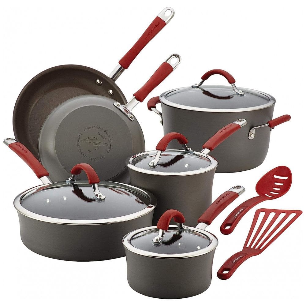 Conjunto de Panelas e Frigideiras Antiaderentes Anodizadas, 12 Peças, RACHAEL RAY 87630, Cinza