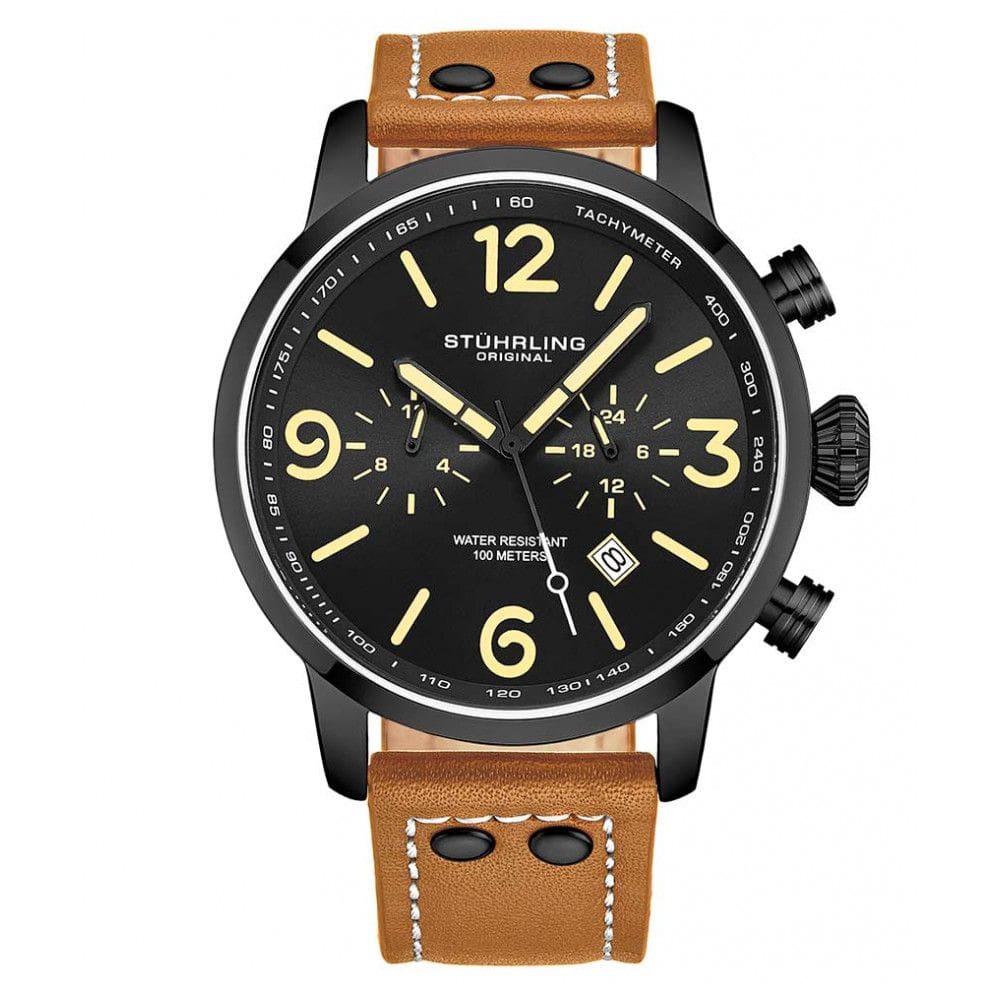 Relgio masculino Stuhrling Aviador 3956 com pulseira de couro preto e fivela Tang, mostrador preto de 45 mm.
