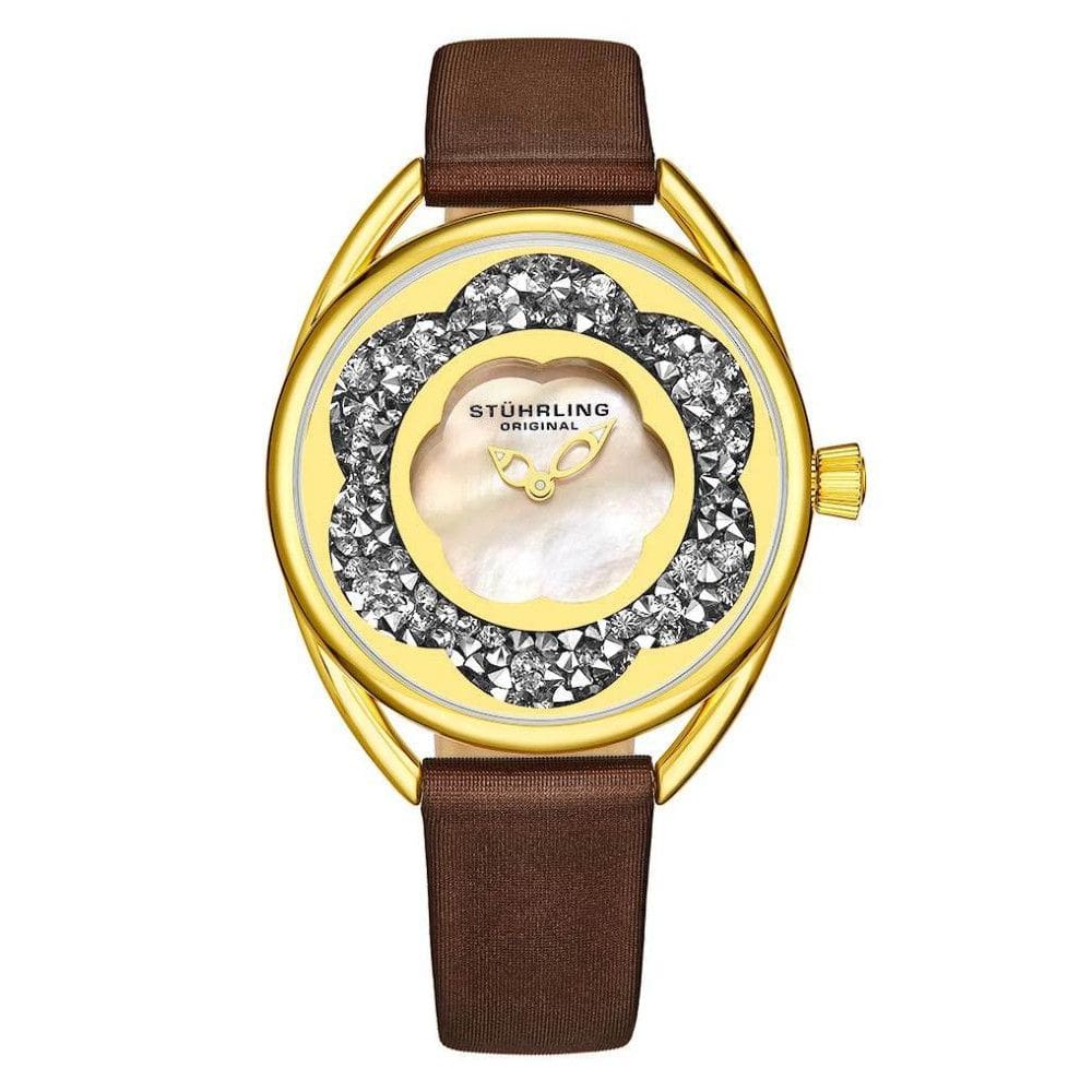 Relgio Stuhrling Lily 995 - 38mm, mostrador prateado, pulseira de couro marrom com fivela dourada.
