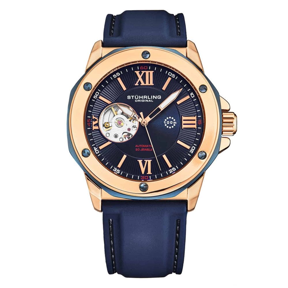 Relgio Automtico Edwardian 4018, 44mm, Rosa, Mostrador Azul, Pulseira Azul, Stuhrling