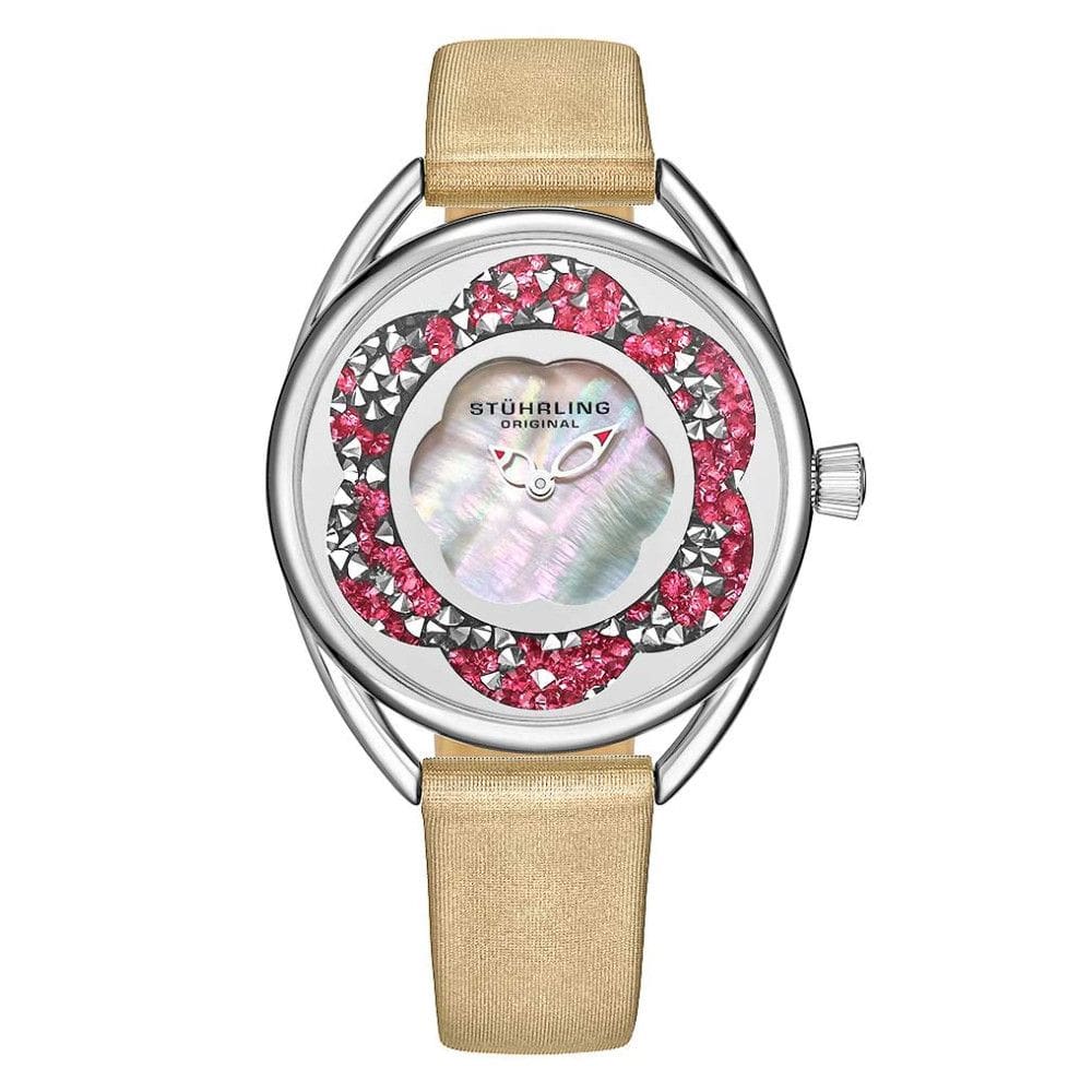 Relgio Stuhrling Lily 995 com pulseira de couro bege e mostrador prateado de 38 mm, detalhes em prata e fivela prateada.