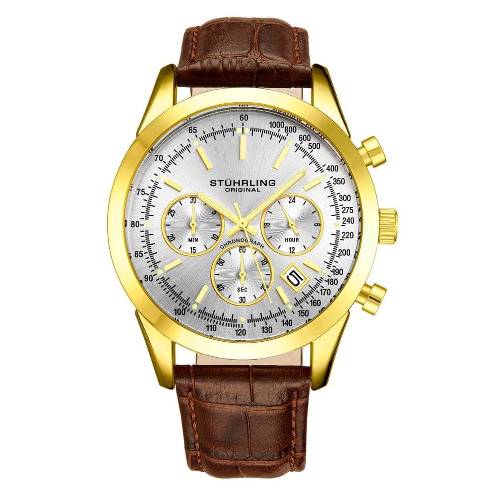 Relgio Crongrafo Rialto 3975L com mostrador prateado e detalhes em amarelo, pulseira de couro marrom e fivela Tang em camadas de ouro - Stuhrling