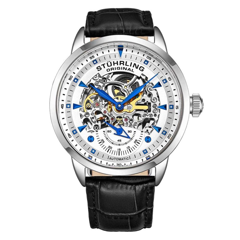 Relgio Automtico Executive 3133 de 44mm, Mostrador Branco e Pulseira de Couro Preta com Fivela de Prata - Stuhrling.