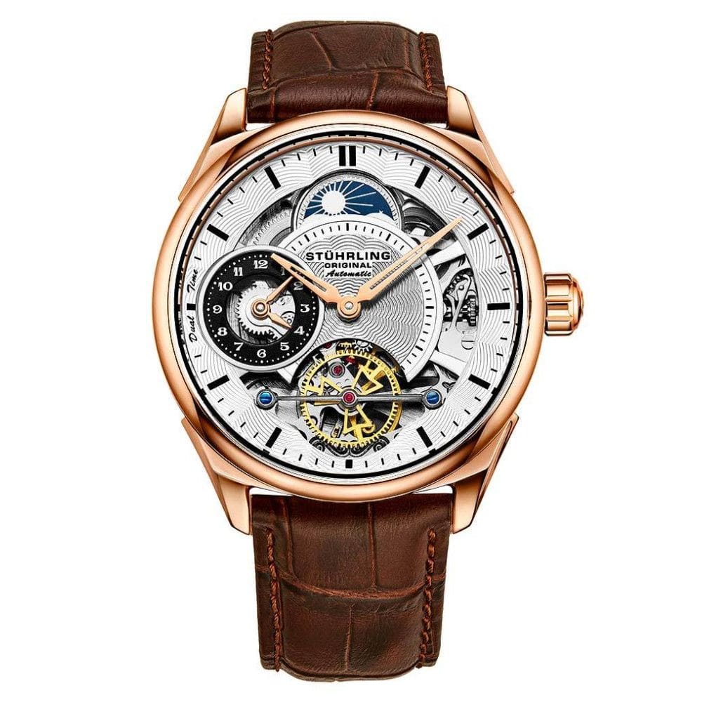 Relgio Presidia 943A Automtico 42mm, Mostrador Prateado com Detalhes em Rosa, Pulseira de Couro Marrom com Fivela Rose Tang - Stuhrling.