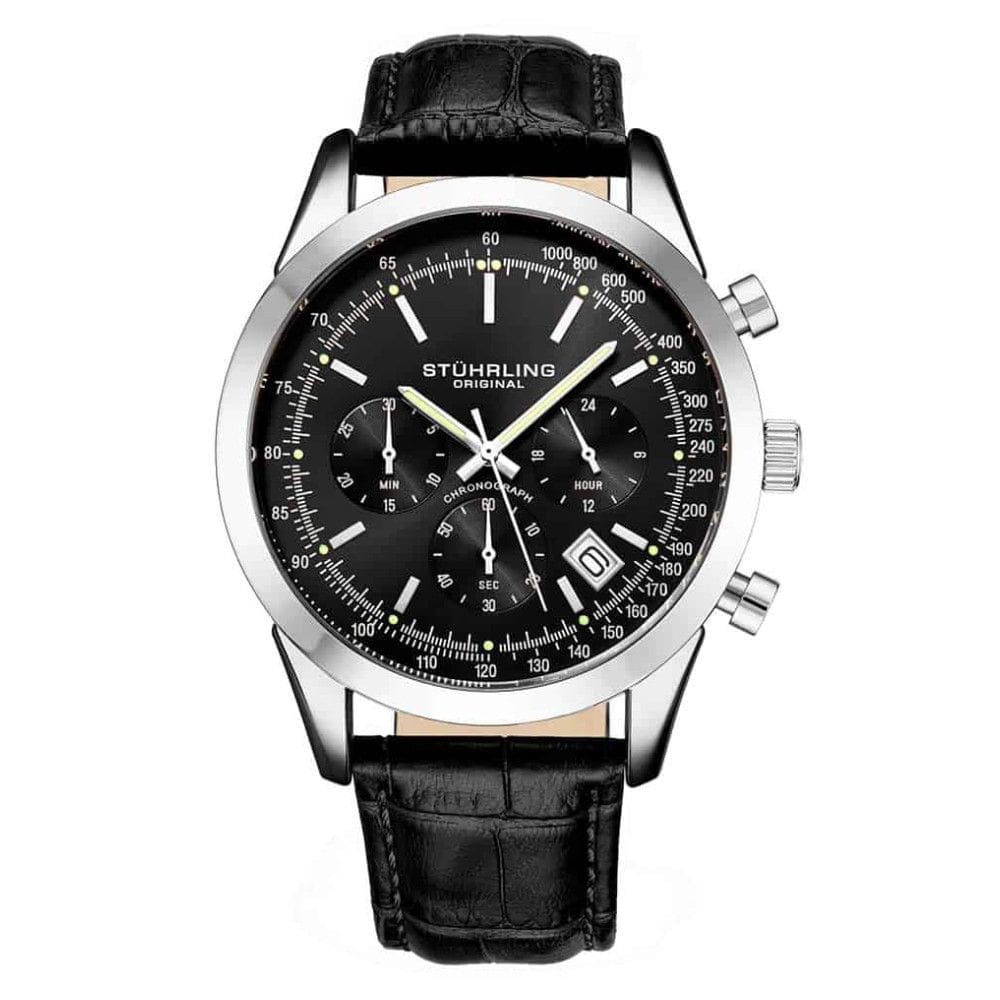 Relgio masculino Rialto 3975L de 44mm com crongrafo, mostrador preto e pulseira de couro preto com fivela Tang prateada - Stuhrling.