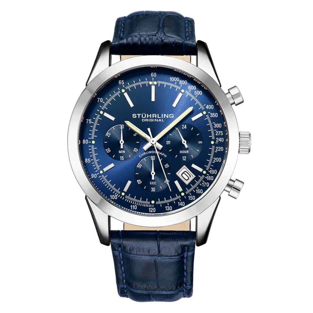 Relgio masculino Rialto 3975L, 44mm, crongrafo, mostrador azul, pulseira de couro azul e fivela prateada - Stuhrling.