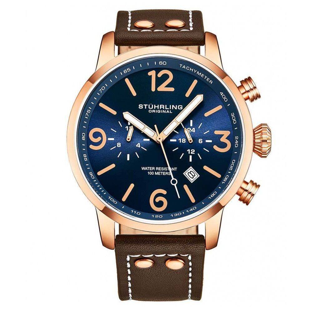 Relgio masculino Stuhrling Aviador 45mm, mostrador azul/rosa, pulseira couro marrom e fivela ouro rosa.