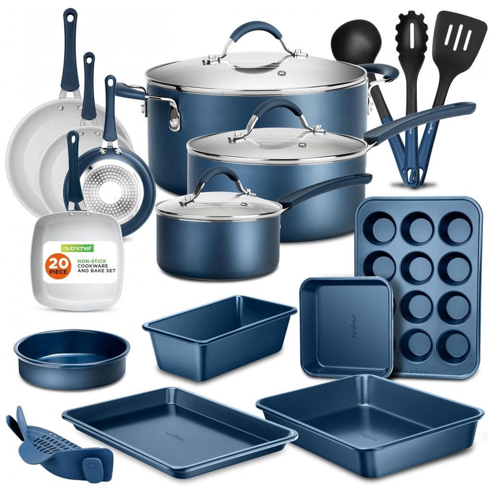Jogo de Panelas e Frigideiras Antiaderentes em Alumínio com Utensílios, 20 Peças, NutriChef NCCW20SBLU, Azul Marinho