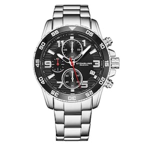 Relgio de pulso Stuhrling Concorso 3957 com crongrafo, 40mm, mostrador preto e pulseira de ao inoxidvel prata.