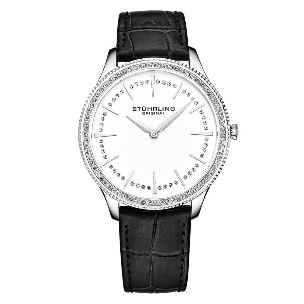 Relgio masculino Stuhrling 3985 com mostrador prateado, pulseira de couro preto e fivela de prata - 38mm.