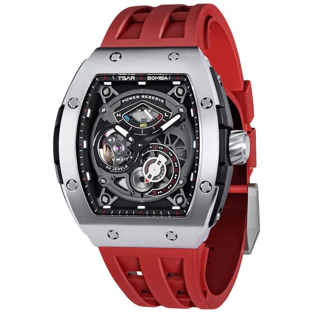 Relógio Masculino Analógico Automático a Prova dÁgua 50M com Pulseira de Silicone, TSAR BOMBA SGLZ TB 8210, Vermelha