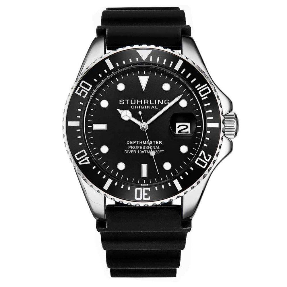 Relgio Stuhrling Depthmaster 3950R 42 mm, Mostrador Preto e Pulseira de Borracha Preta com Fivela de Prata