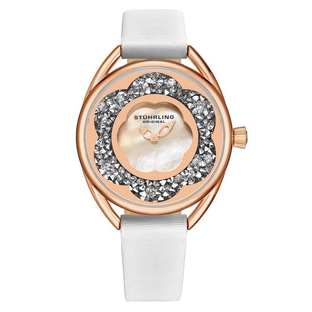 Relgio feminino Stuhrling Lily 995, 38mm, mostrador prateado, pulseira de couro branco e fivela Tang em camadas de ouro rosa.