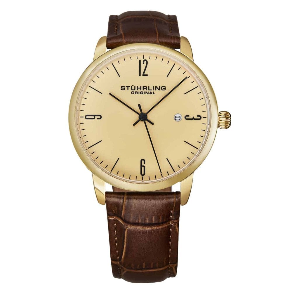 Relgio Stuhrling Classic 3997A com Mostrador Champanhe de 40mm, Pulseira de Couro Marrom e Detalhes em Amarelo