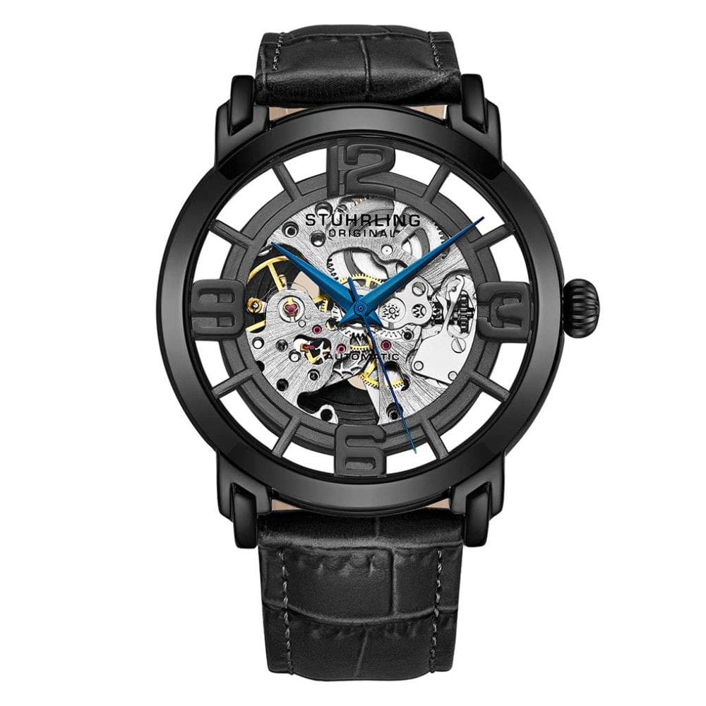 Relógio Automático Winchester 3964L de 42mm com Mostrador Preto, Pulseira de Couro Preta e Fivela Tang Preta, da Stuhrling.